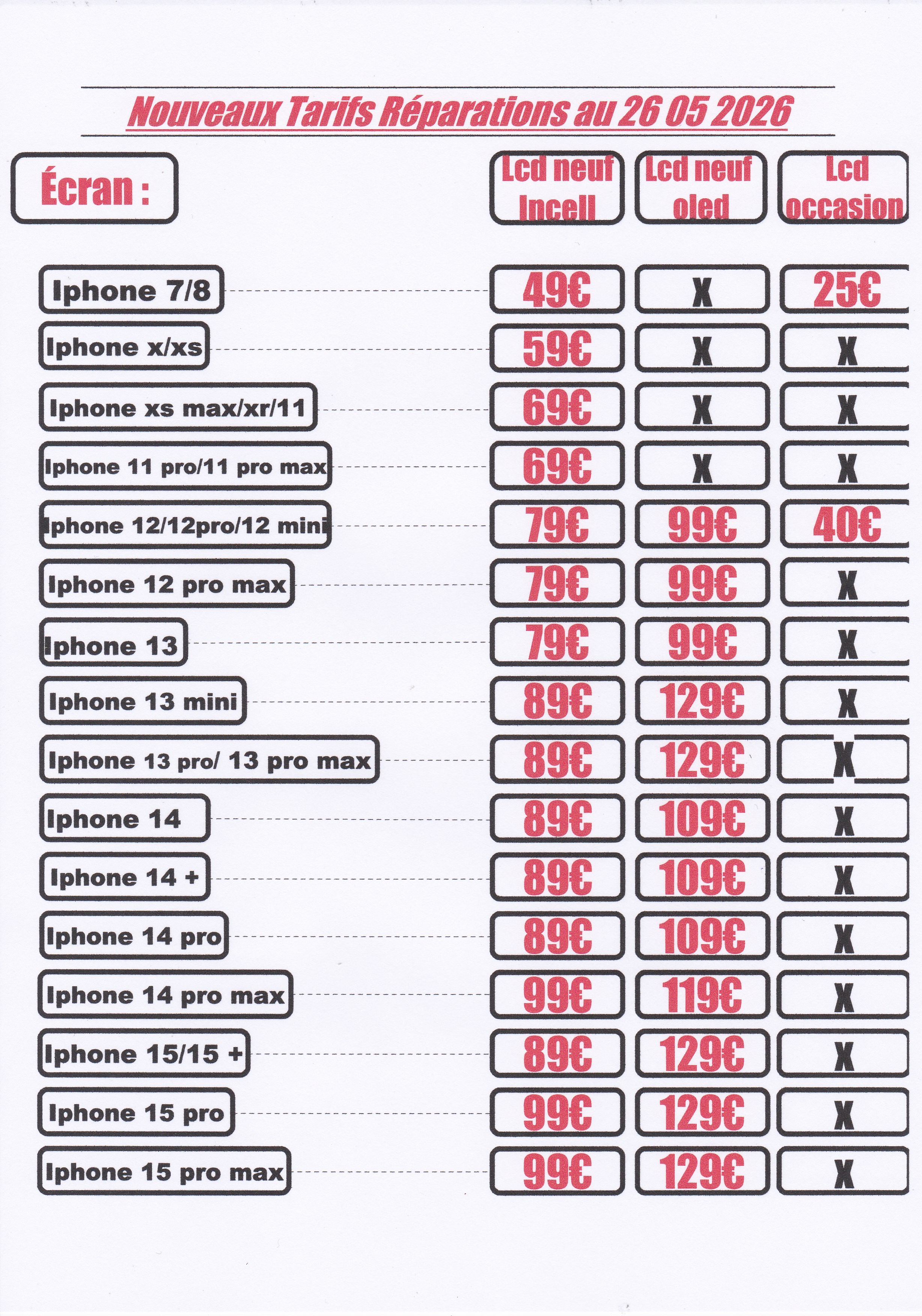 Tableau de tarifs de réparation
